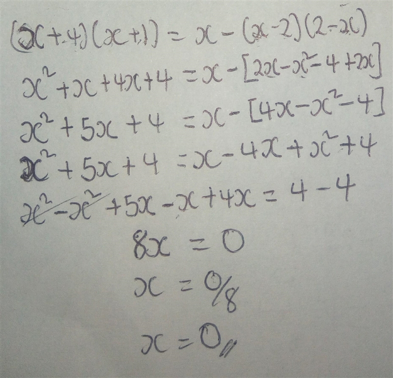 Solve, (x+4)(x+1)=x–(x–2)(2–x)-example-1