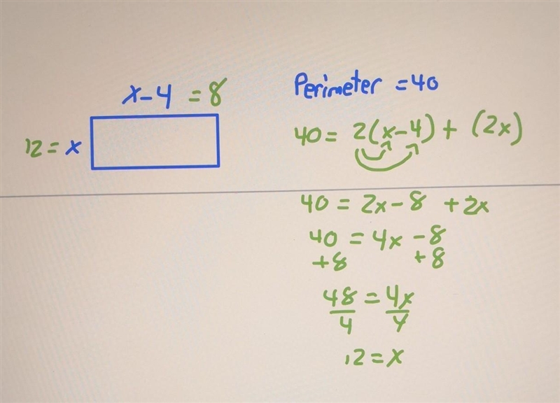 The width of a rectangle is 4 meters less than the length. The perimeter is 40 meters-example-1