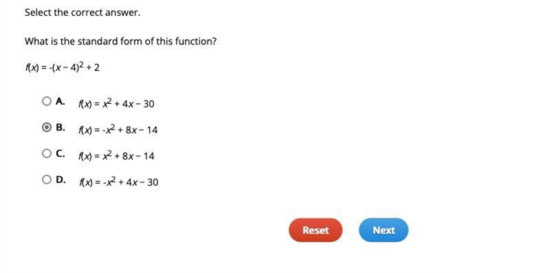 What is the standard form of this function? f(x) = -(x − 4)2 + 2 A. f(x) = -x2 + 4x-example-1