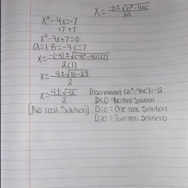 Use the Quadratic Formula to solve the equation x^2 - 4x = -7-example-1