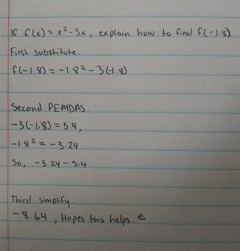 If f(x) = x^2 - 3x, explain how to find f(-1.8)-example-1