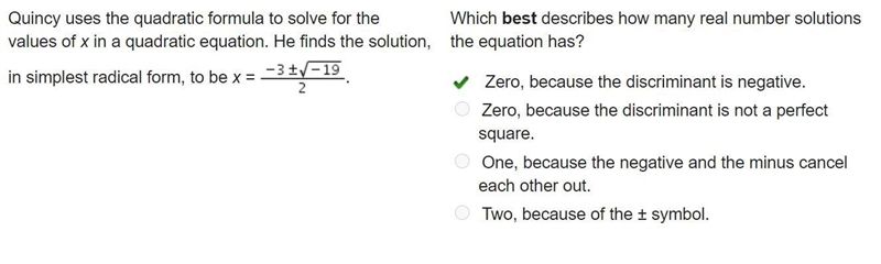 Which best describes how many real number solutions the equation has? Zero, because-example-1