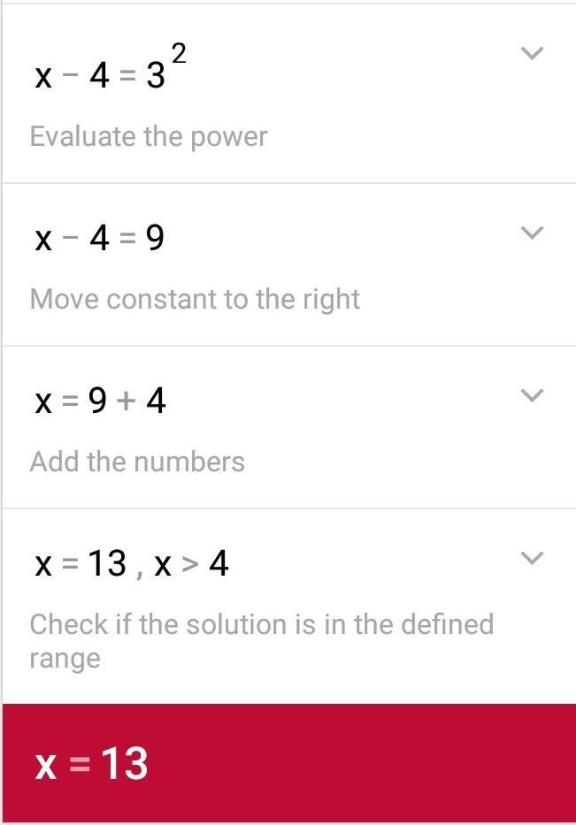 Solve: 2 In 3 = In(x - 4) a) x=9 b) x= 10 c) x=13-example-2