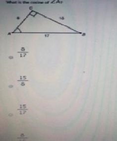 Find the cosine of ∠U. A) 15 17 B) 17 15 C) 8 15 D) 8 17-example-1