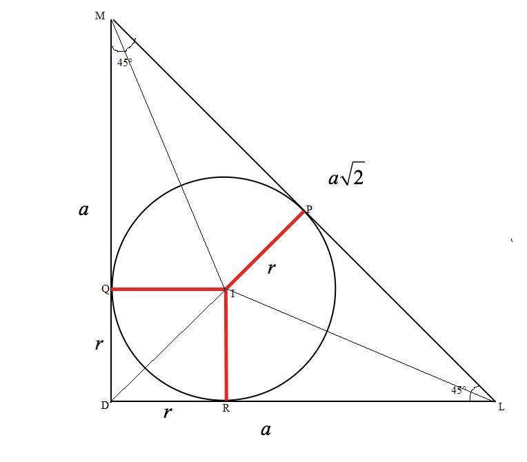 Given: Triangle MDL Circle O is inscribed in triangle m∠M=m∠L=45° MD = 10 Find: the-example-1