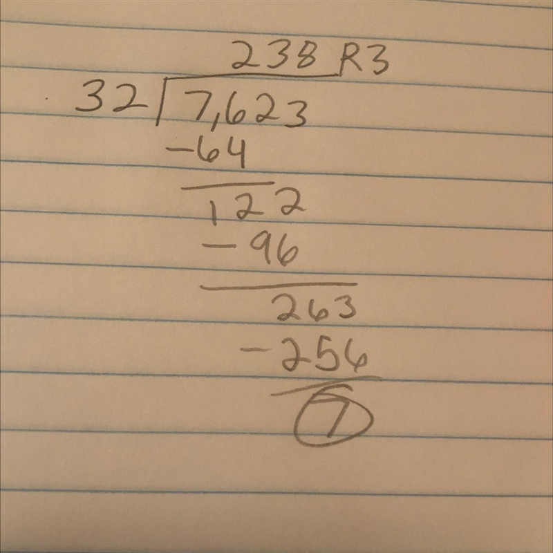 7,623 divided by 32 with a REMAINDER DO IT ON PAPER!-example-1