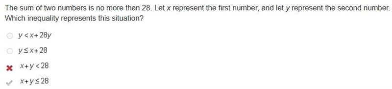 The sum of two numbers is no more than 28. Let x represent the first number, and let-example-1