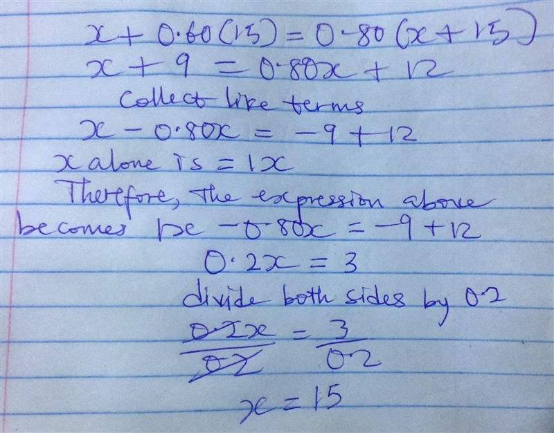 Solve for x. x + 0.60(15) = 0.80(x + 15)-example-1