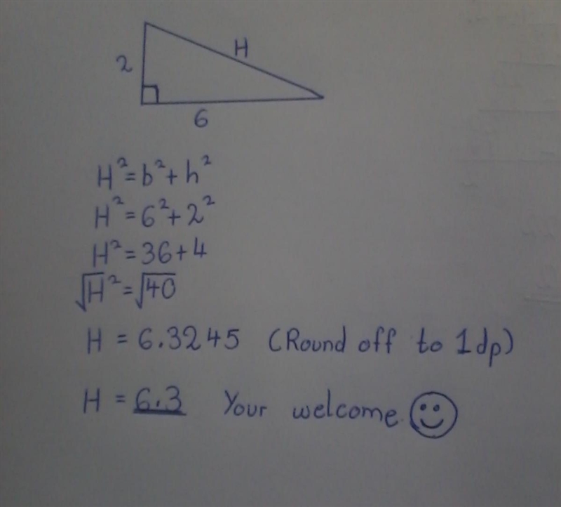 The two legs of a right triangle measure 6 and 2. What is the length of the hyptenuse-example-1