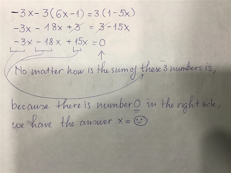 -3x - 3(6x - 1) = 3(1 - 5x) I need help-example-1