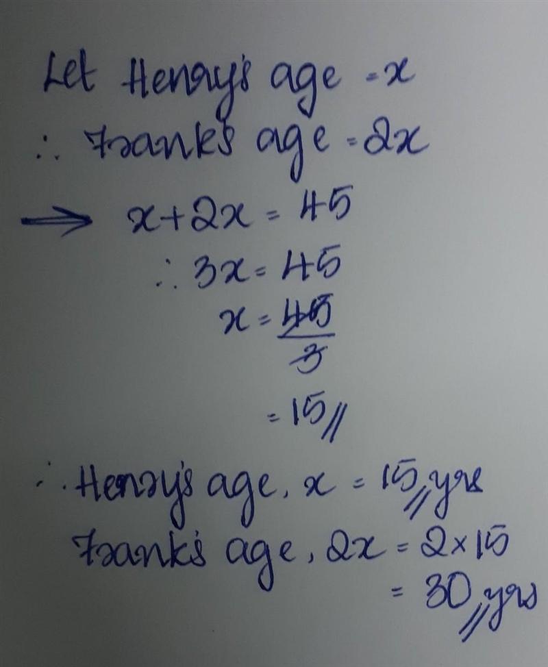 Frank is twice as old as Henry. if the sum of their ages is 45, find their ages​-example-1