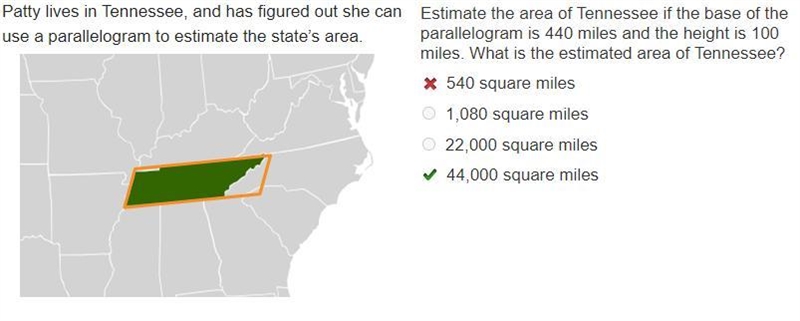 Estimate the area of Tennessee if the base of the parallelogram is 440 miles and the-example-1