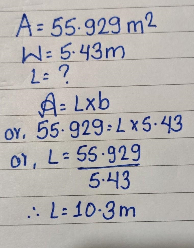 The area of a room is 55.929 square meters. If its width is 5.43 meters, what is its-example-1