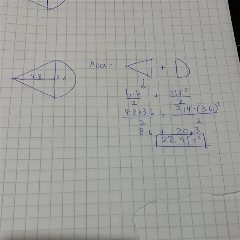 Find the area of the irregular figure (use 3.14 for pi). Show your work. Round to-example-1