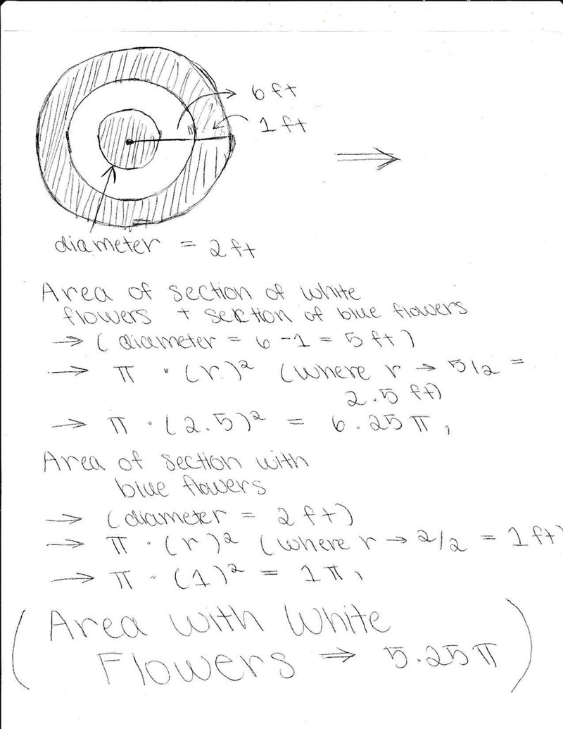 A circular garden has a diameter of 6 feet. There are 2 sections of blue flowers and-example-1