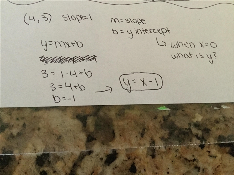 What is the equation of the line that passes through the point (4, 3) and has a slope-example-1