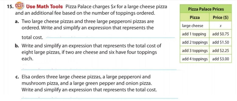 Pizz Piz large ch add it add 2 15. MP Use Math Tools Pizza Palace charges $x for a-example-1