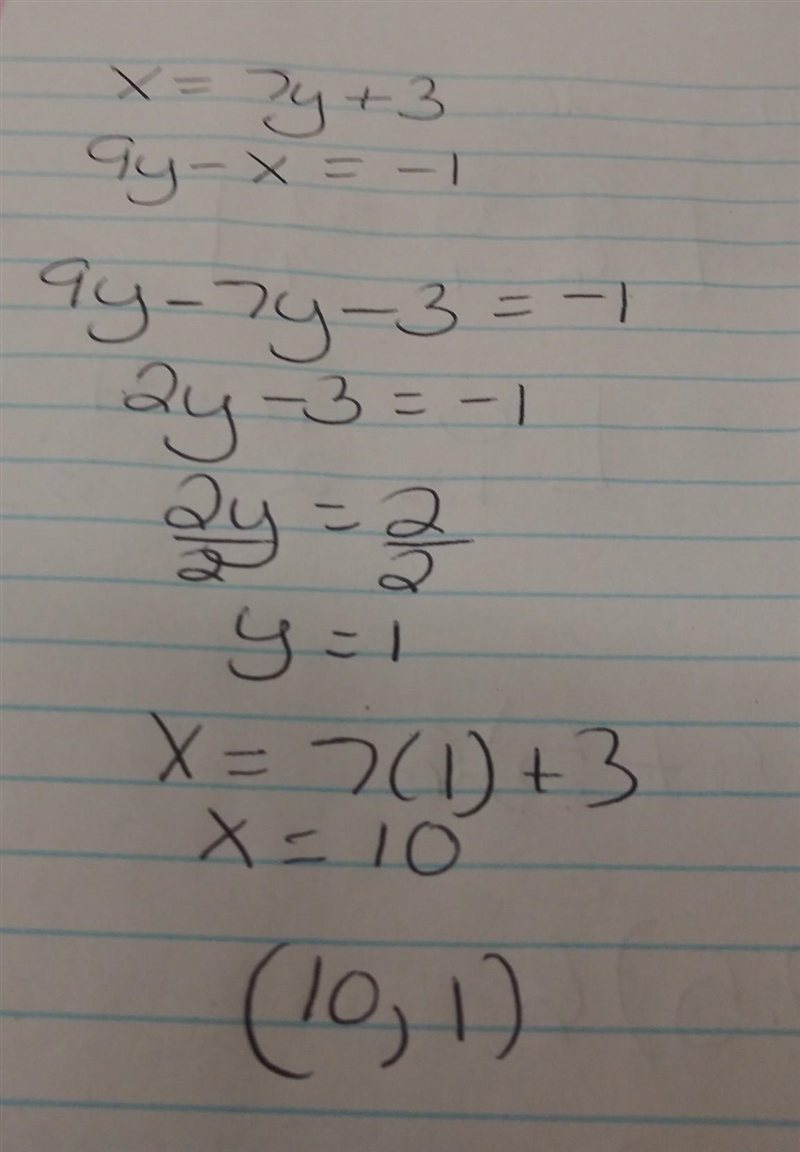 What is the answer to x=7y+3 And 9y-x=-1-example-1