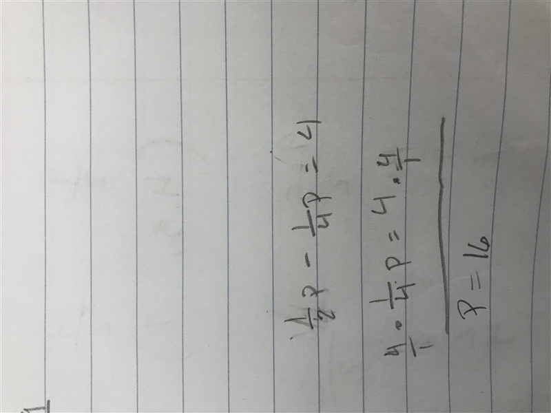 Solve for p 1/2p - 1/4p = 4-example-1