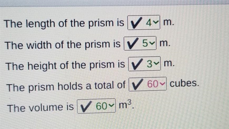 The length of the prism is m. The width of the prism is m. The height of the prism-example-1