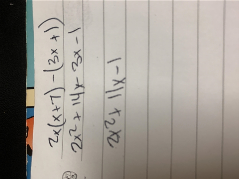 Use the distributive property to find an expression that is equivalent to 2x(x + 7)-(3x-example-1