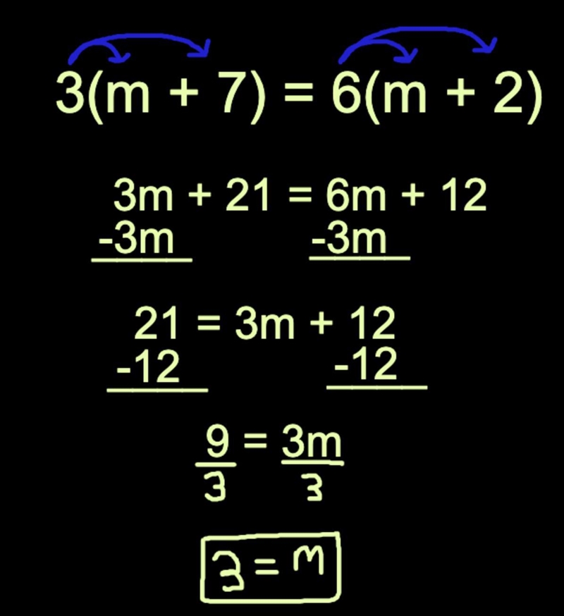 3(m+7)=6(m+2) what is m equal to?-example-1