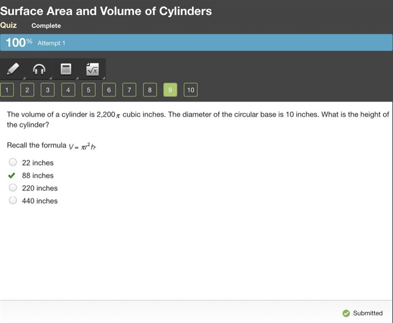 The volume of a cylinder is 2,200Pi cubic inches. The diameter of the circular base-example-1