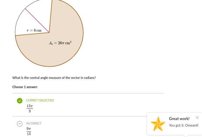 A sector with an area of 26pi cm^2 has a radius of 6cm. What is the central angle-example-1