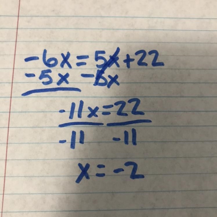 What is the value of x in the equation Negative 6 x = 5 x + 22?-example-1