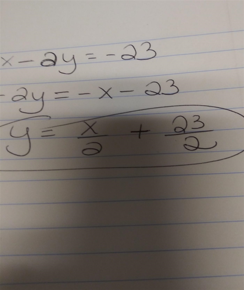 Solve the following for y. x - 2y = -23-example-1