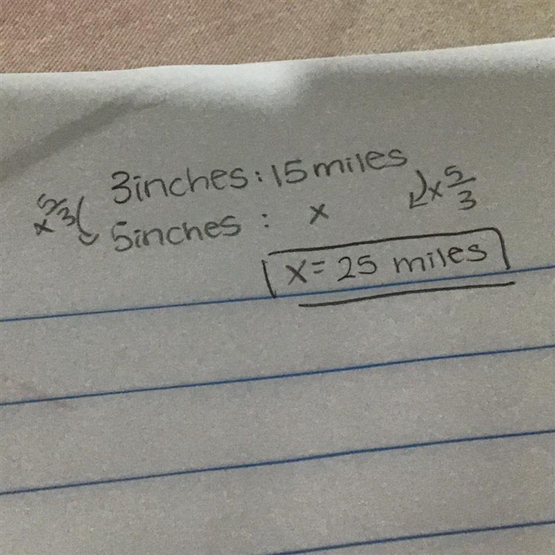 On a certain map, 3 inches represents 15 miles. Briarwood and Middletown are 5 inches-example-1