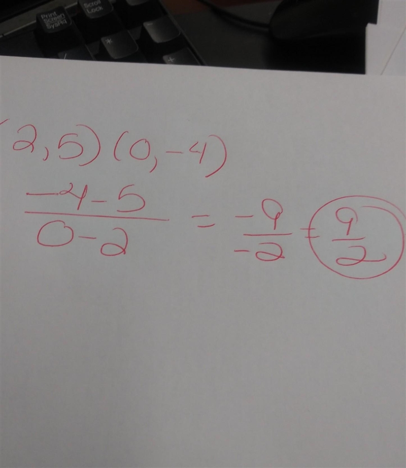 What is the slope of the line passing through the points (2, 5) and (0, -4)? 9/2 2/9 -9/2 -2/9-example-1