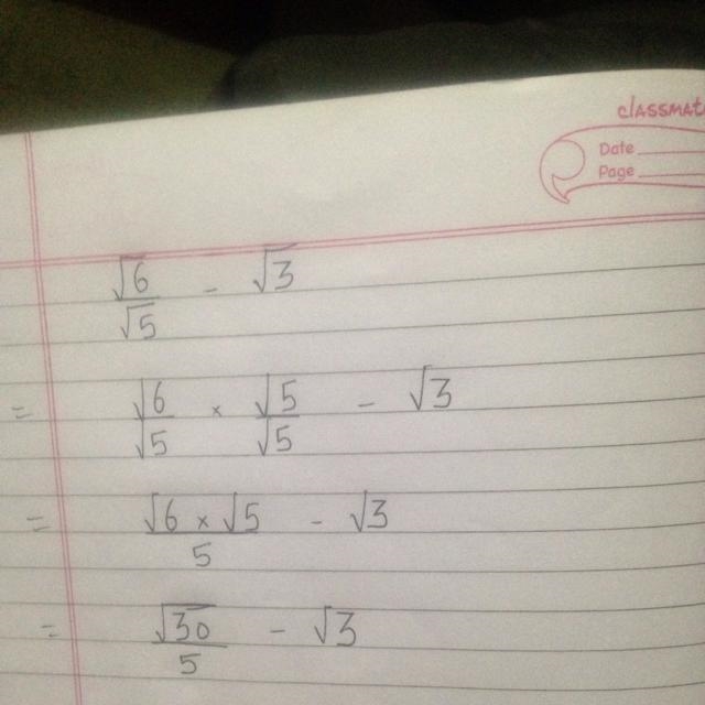 Rationalize the denominator and simplify. √6/√5-√3​-example-1