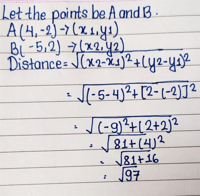 Find the distance between the pair of points: (4,−2) and (−5,2).-example-1