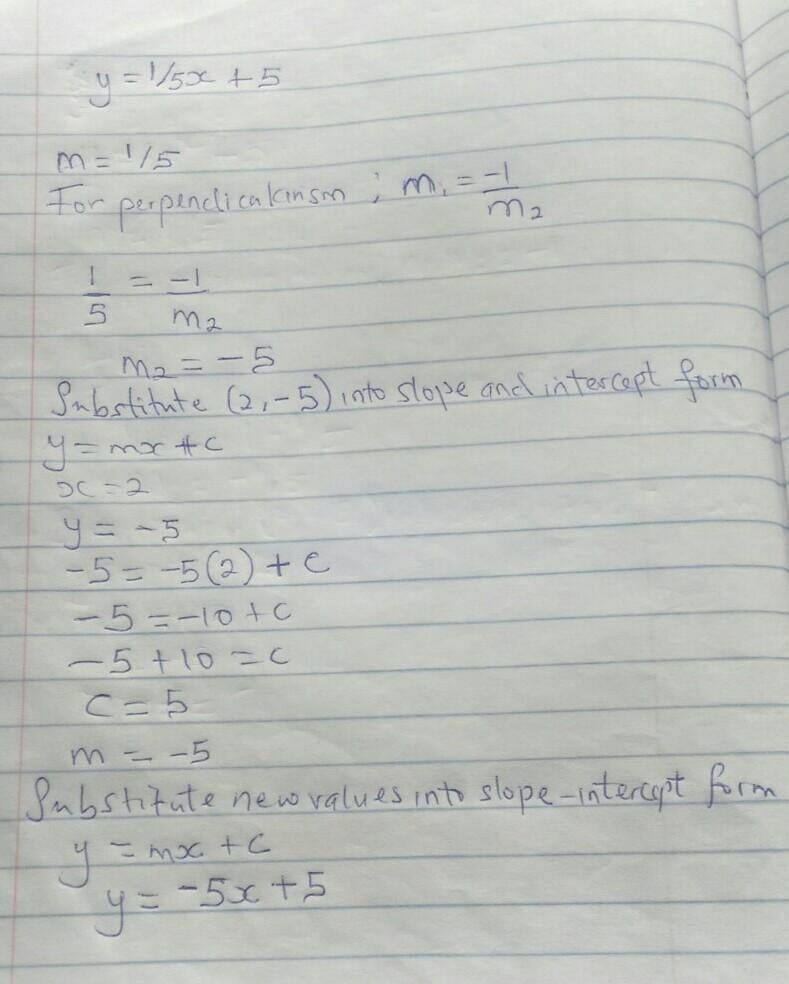 A line passes through the point (2,-5) and is perpendicular to the line with the equation-example-1