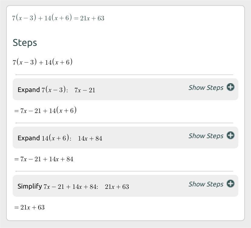 Which algebraic expression is equivalent to the expression below? 7(x - 3) + 14(x-example-1