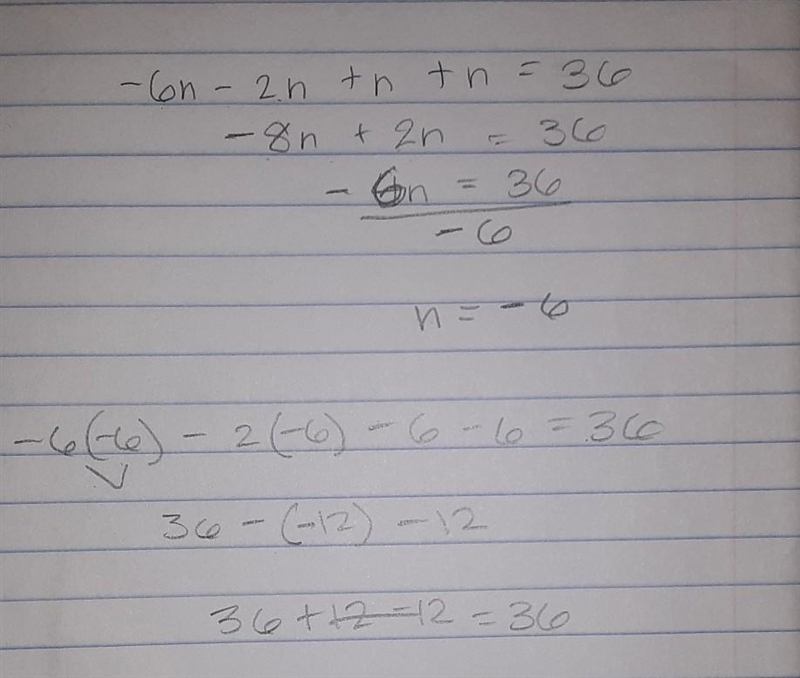 Solve equation -6n-2n+n+n=36-example-1