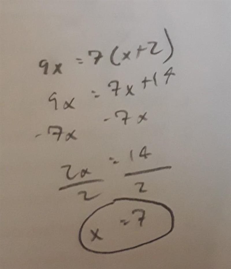 Solve the equation 9x=7(x+2)-example-1