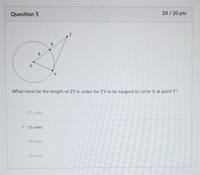 What must be the length of ZY in order for ZY to be tangent to circle X at point Y-example-1