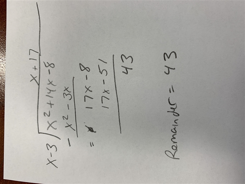 What is the remainder when f(x) = x2 + 14x − 8 is divided by (x − 3)?-example-1