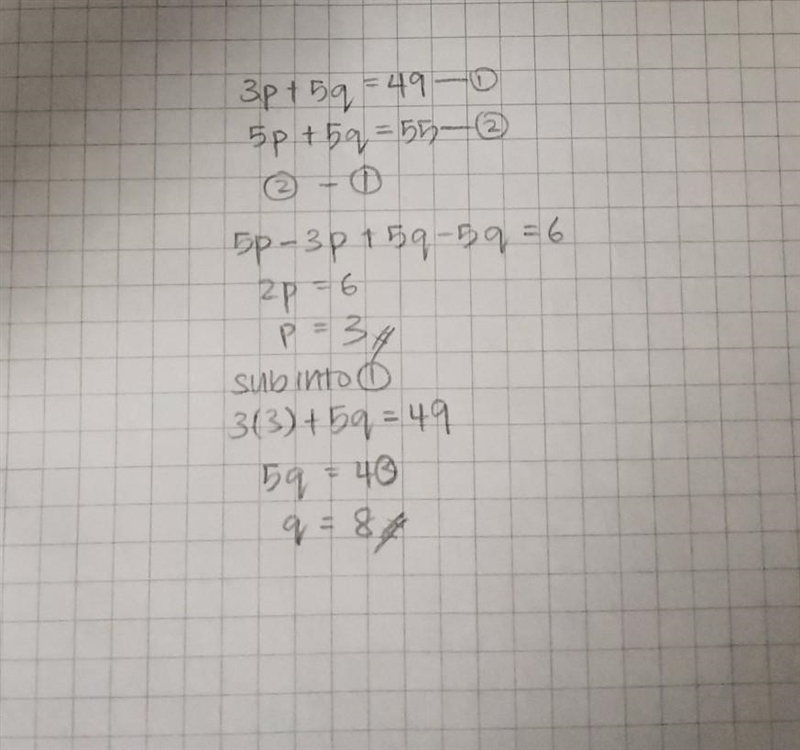 Solve these simultaneous equations. 3 pillows and 5 quilts cost £49 5 pillows and-example-1