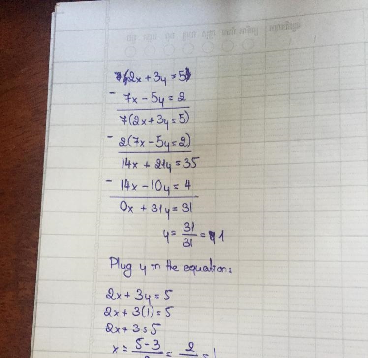 solve the following pair of linear equation 2x+3y=5 , 7x-5y=2 has a unique solution-example-1