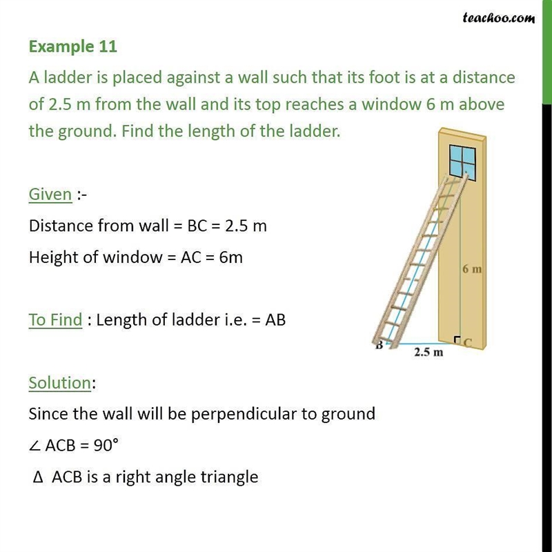 A ladder, 2.6 m long, just reaches a window 2.4 m above the ground. What is it’s slope-example-2