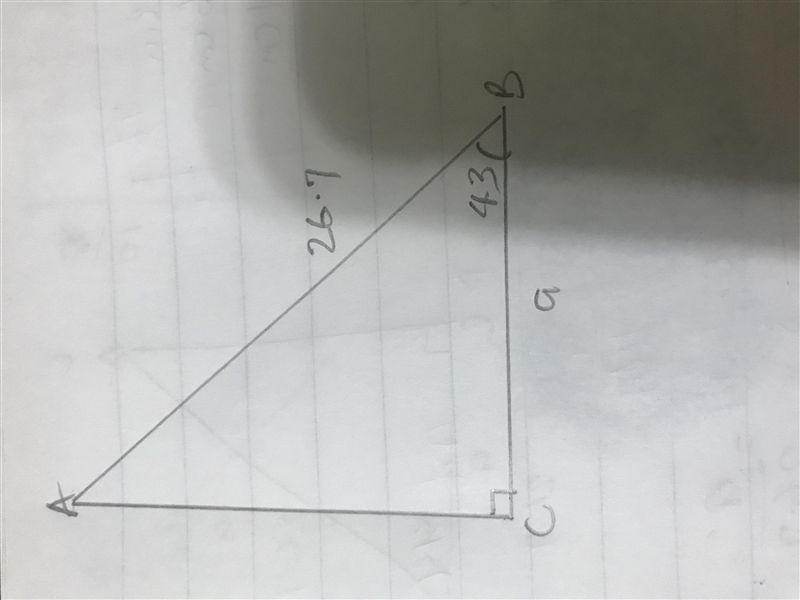 Consider the given right triangle. If angle B = 43 degrees and c = 26.7 meters, find-example-1