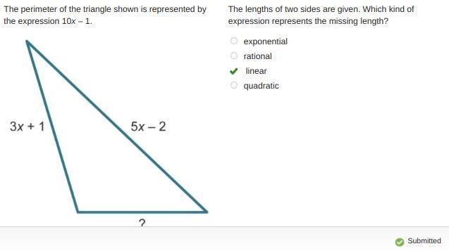 NEED HELP ASAP The perimeter of the triangle shown is represented by the expression-example-1