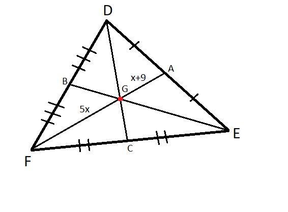 In the diagram, GB = 2x + 3.. Triangle F D E has centroid G. Lines are drawn from-example-1