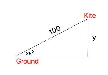 A kite on a 100-foot string is fastened to the ground, making a 25° angle with the-example-1