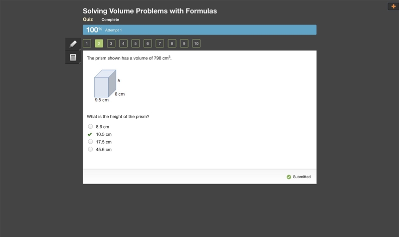 The prism shown has a volume of 798 cm3. a l of 9.5 and a width of 8 What is the height-example-1