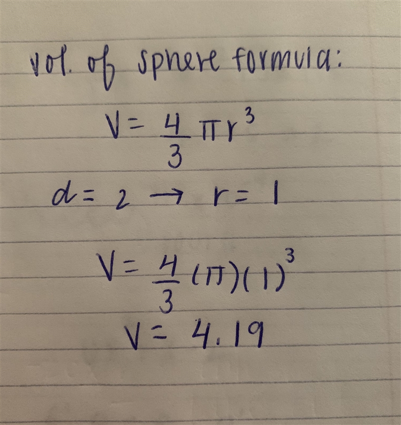 The diameter of a sphere is 2 ft. What is the sphere's volume? Round to the nearest-example-1