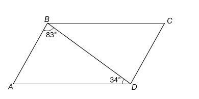 In parallelogram ABCD, m∠ABD = 83°, m∠BDA = 34°, and m∠BCD = °.-example-1